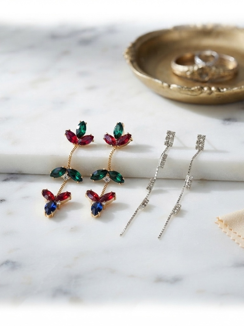 Lot of 2 Pairs Long Dangling Rhinestone & Multi-Color Glass Earrings